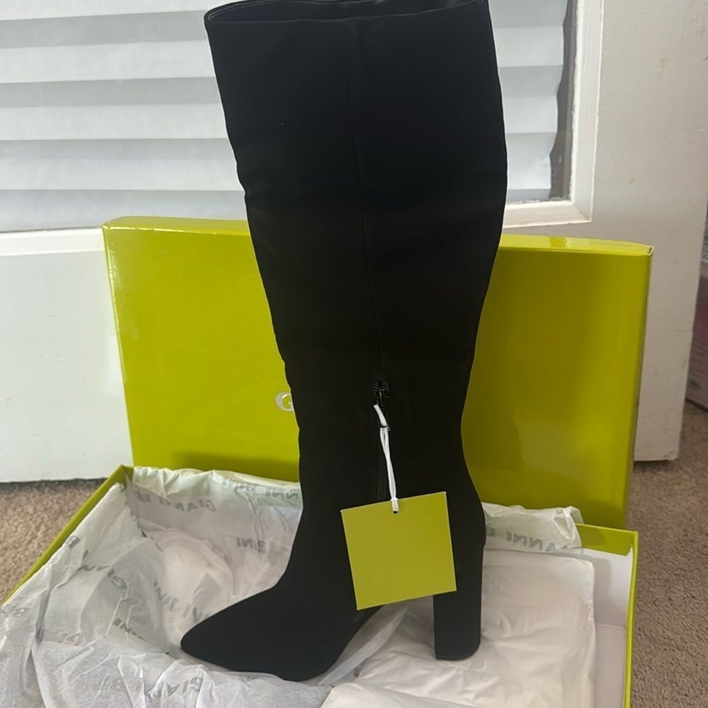 Gianni Bini Kellbie Black Suede Tall Block Heel Boots Pointed Toe NIB